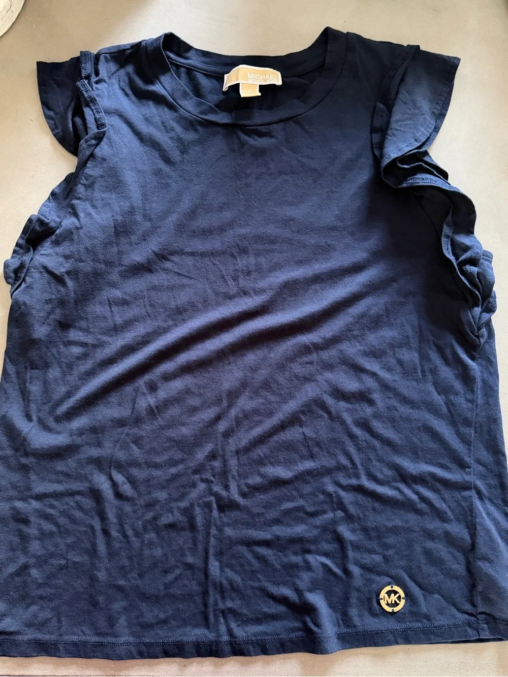Michael Michael Kors Navy Flutter Sleeve Top Gold Logo Tee Size Medium